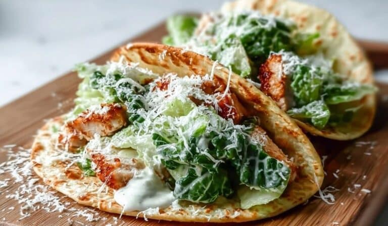 Smash Chicken Caesar Tacos served on a wooden board with crisp lettuce and Parmesan