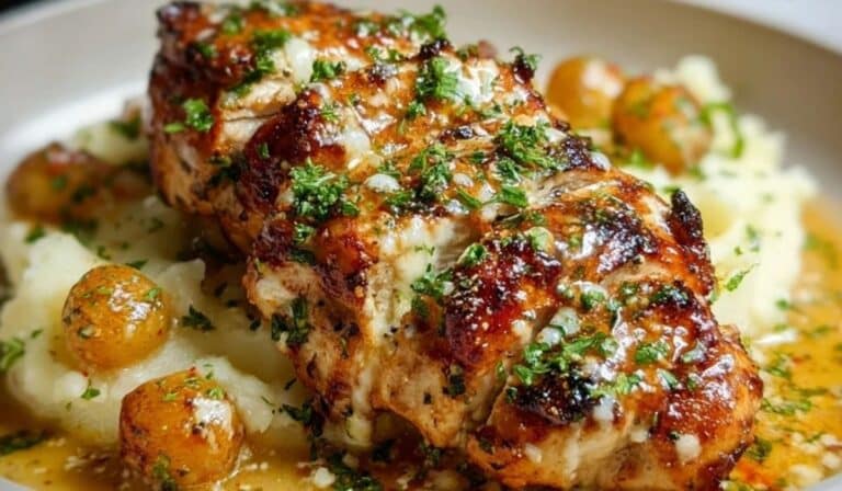 Steakhouse Parmesan Chicken served over mashed potatoes with garlic cream sauce