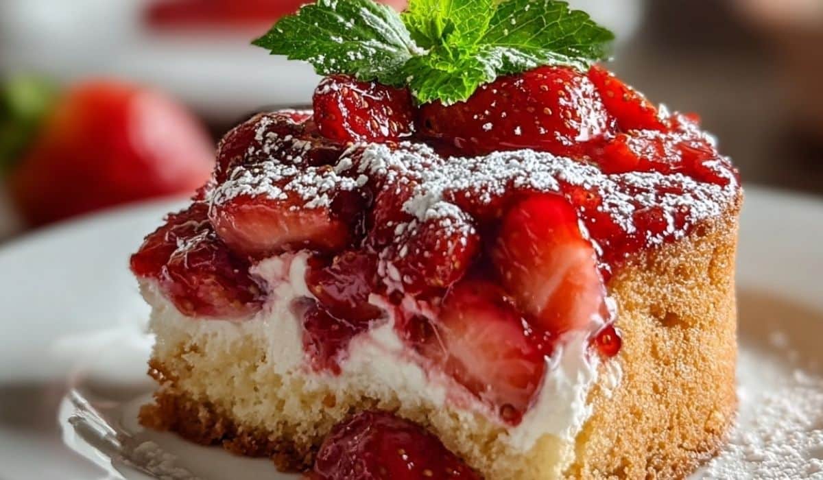 Slice of strawberry earthquake cake topped with fresh mint and powdered sugar