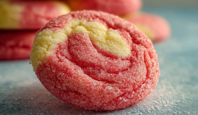 Close-up of a strawberry lemonade cookie with pink and yellow swirls coated in sugar.