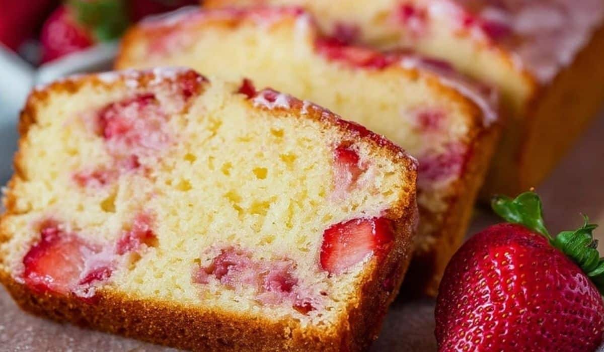 Close-up of sliced strawberry pound cake with fresh strawberries on the side