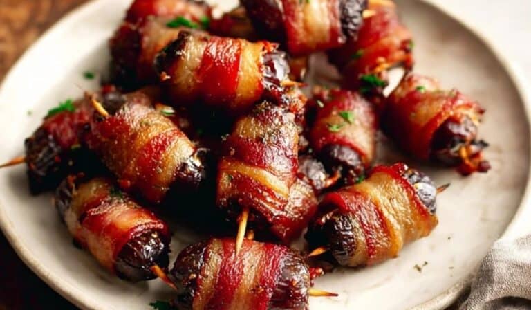 Bacon-Wrapped Dates served on a white plate with crispy bacon and fresh herbs