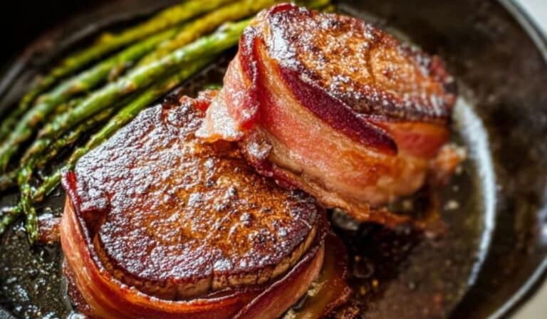 Bacon Wrapped Filet Mignon seared in cast iron with asparagus