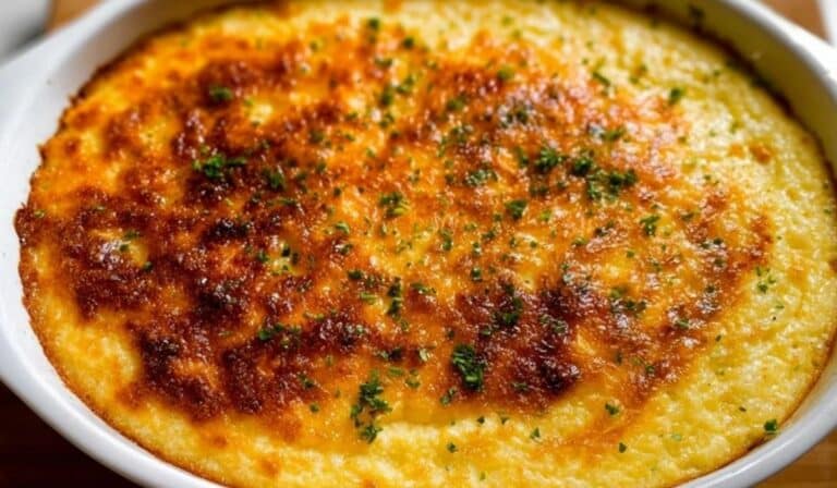 Baked grits casserole with golden cheesy crust in white ceramic dish