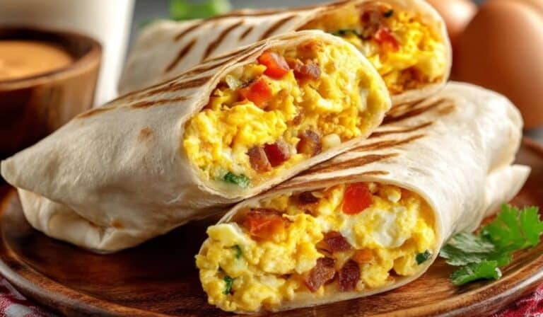 Breakfast Burrito Wraps with scrambled eggs, bacon, and cheese on a wooden plate