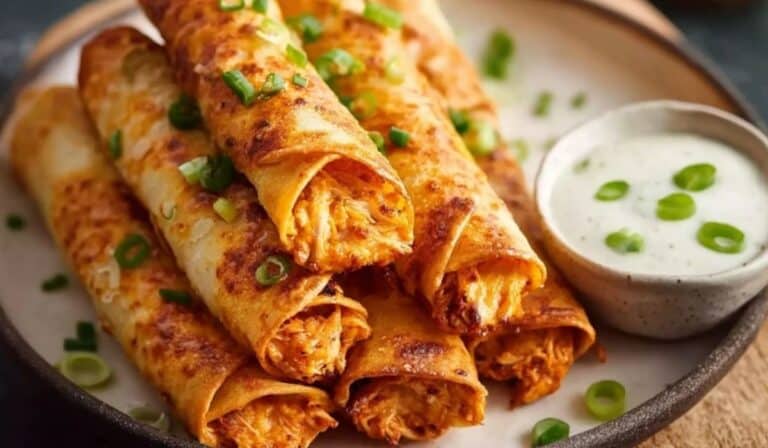 Buffalo Chicken Taquitos stacked on a plate with green onions and ranch dip