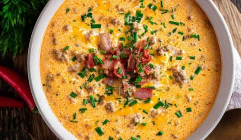Cheeseburger Soup in a white bowl garnished with crispy bacon and herbs