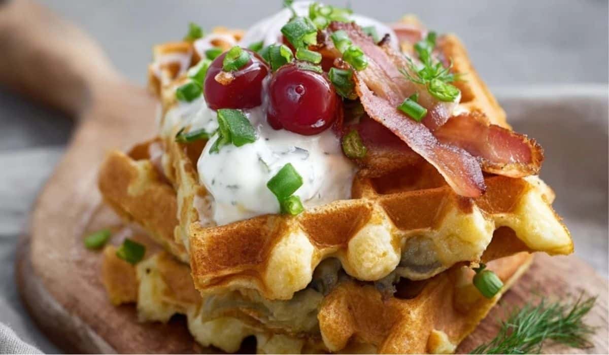 Cheesy Potato Waffles topped with sour cream, bacon, and fresh herbs