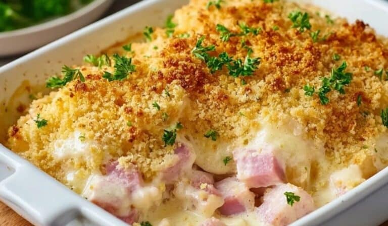 Chicken Cordon Bleu Casserole with crispy golden breadcrumbs and creamy cheese sauce