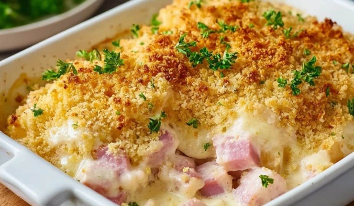 Chicken Cordon Bleu Casserole with crispy golden breadcrumbs and creamy cheese sauce