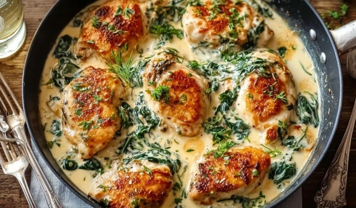 Chicken Florentine in skillet with creamy garlic Parmesan sauce and spinach