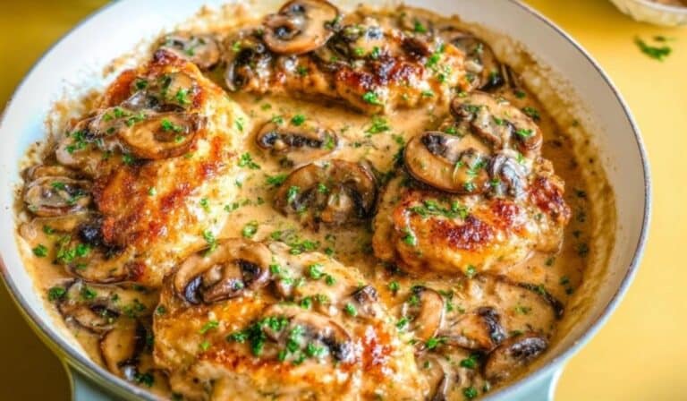 Chicken Marsala in creamy mushroom wine sauce in a skillet