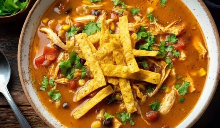 Chicken Tortilla Soup topped with crispy tortilla strips and cilantro