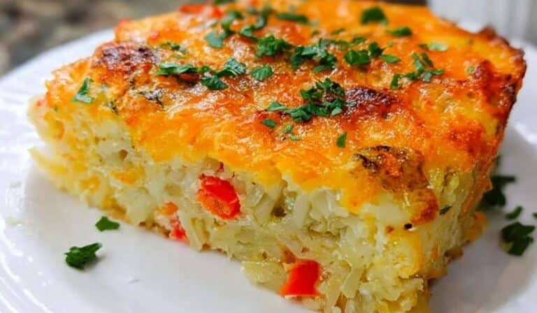 Egg Hashbrown Breakfast Casserole with cheese and peppers on a plate