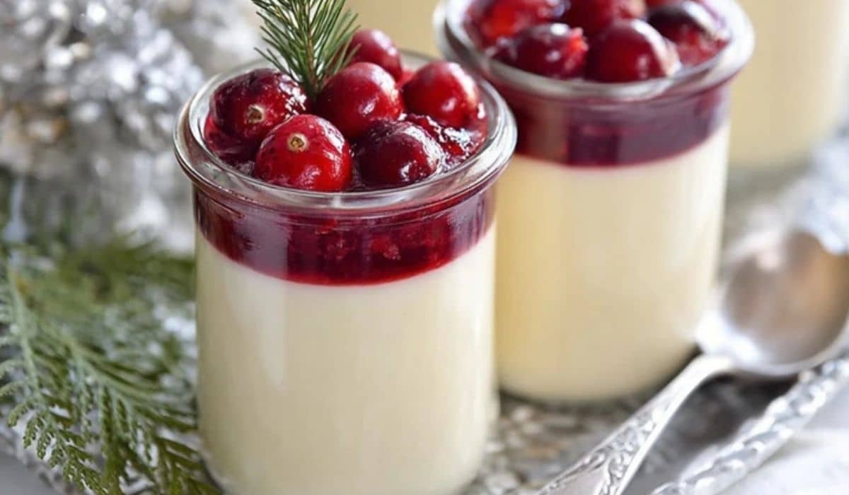 Eggnog Panna Cotta with Spiked Cranberry Sauce in glass jars topped with festive cranberries