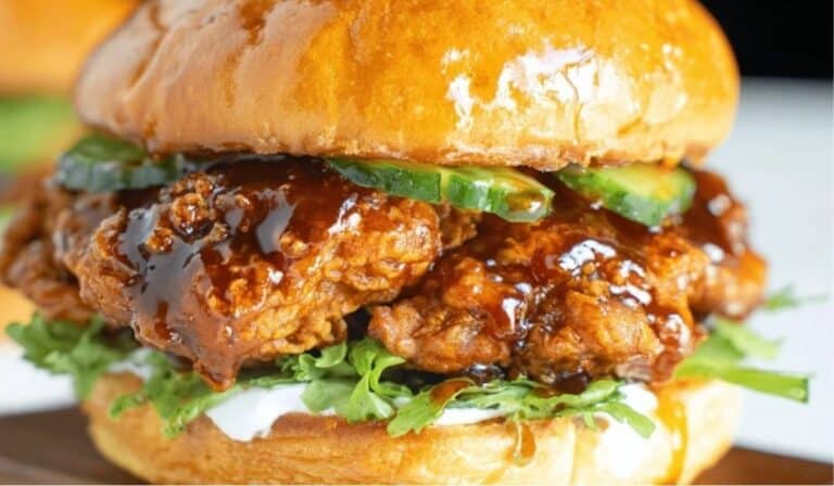 Air Fryer Hot Honey Chicken Sandwich with crispy fried chicken and jalapeños