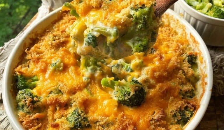 Broccoli and Cheddar Casserole hot and fresh from the oven with melted cheese