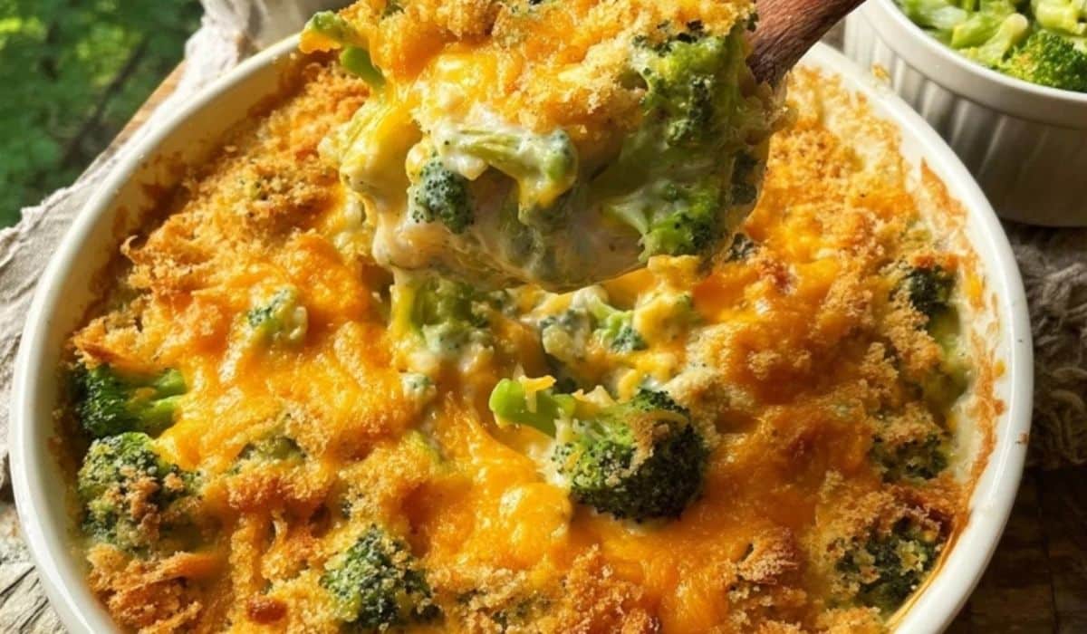 Broccoli and Cheddar Casserole hot and fresh from the oven with melted cheese