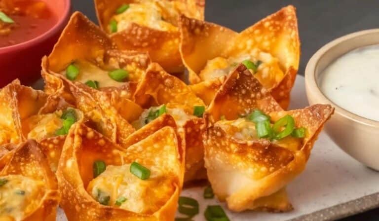 Buffalo Chicken Wontons served with ranch and hot sauce