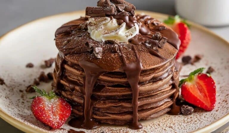 Fluffy chocolate pancakes stacked with whipped cream, strawberries, and chocolate drizzle