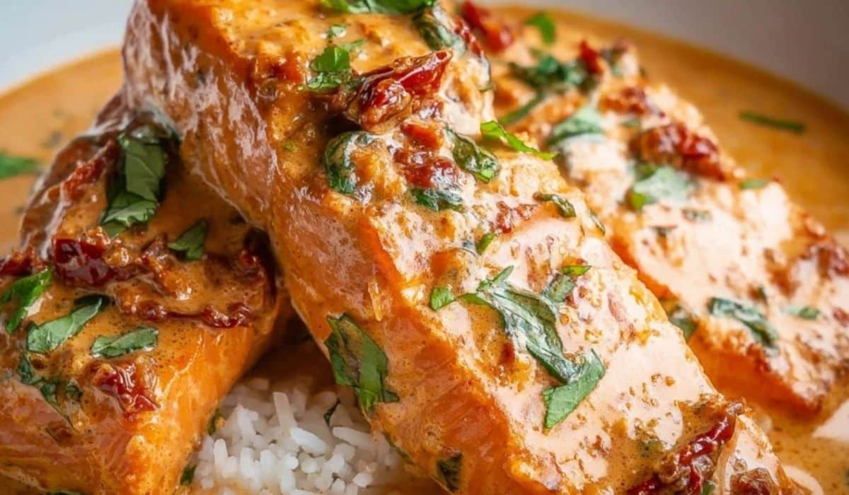 Creamy Sun-Dried Tomato Salmon served over fluffy white rice with rich creamy sauce and fresh herbs