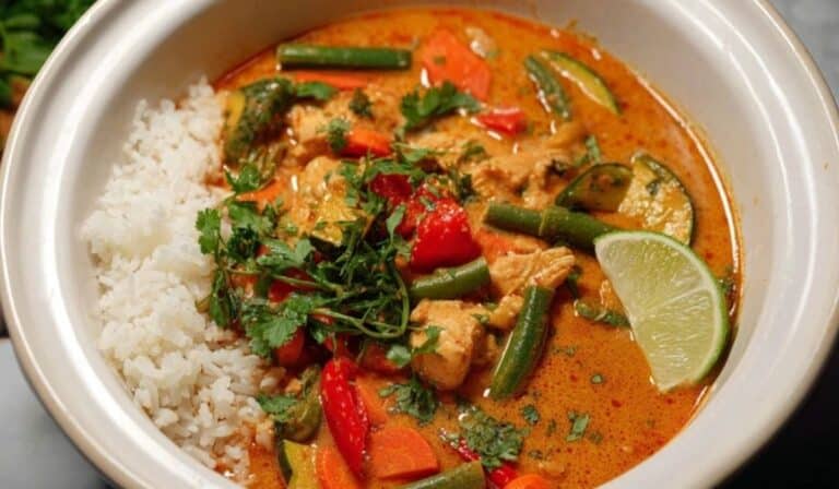 Crockpot Thai Red Curry Chicken served with jasmine rice and lime