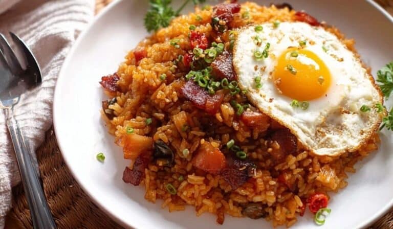 Easy Kimchi Bacon Fried Rice with sunny side up egg and crispy bacon