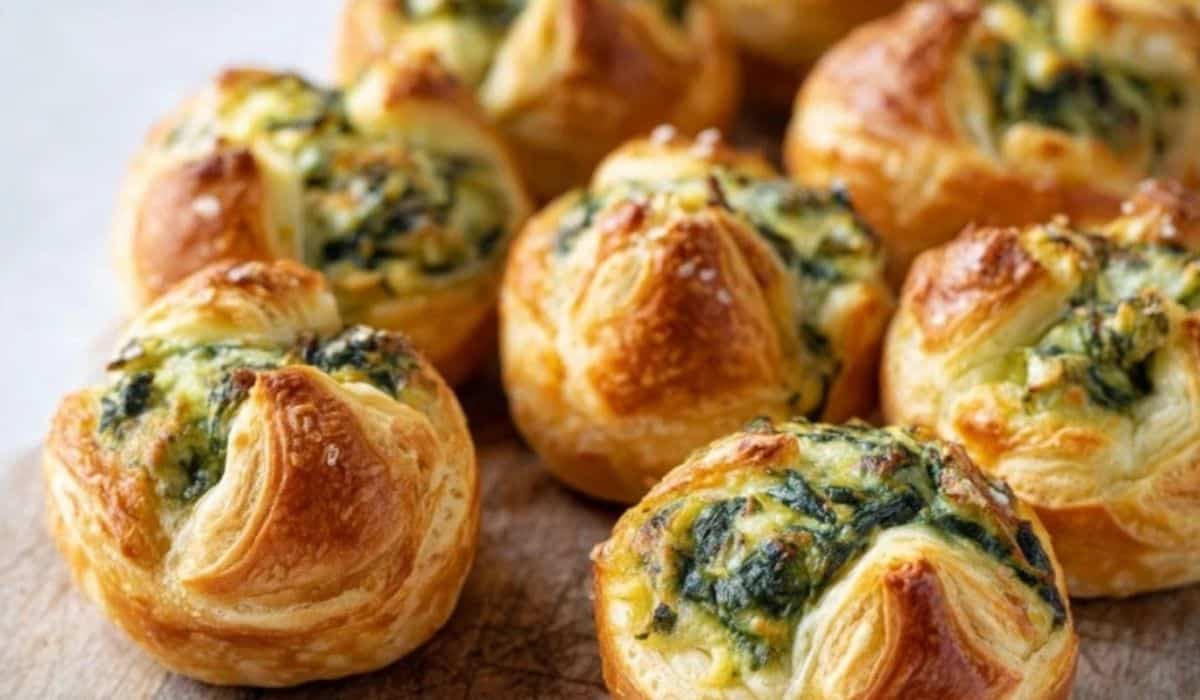 Easy Spinach Puffs fresh out of the oven on wooden tray