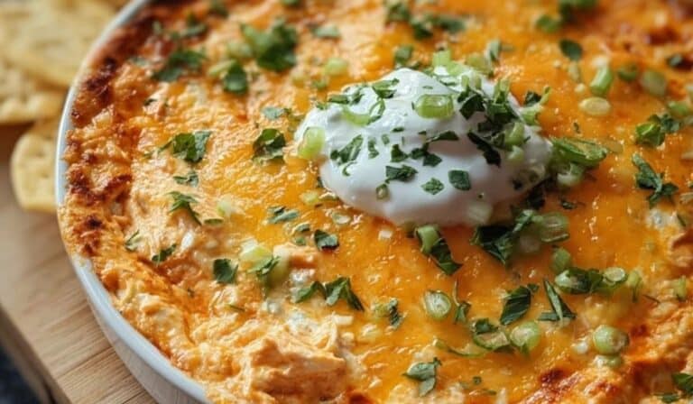 Frank’s RedHot Buffalo Chicken Dip topped with melted cheddar, sour cream, and fresh herbs