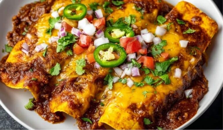 Featured image of Ground Beef Enchiladas topped with melted cheese, jalapeños, and fresh cilantro