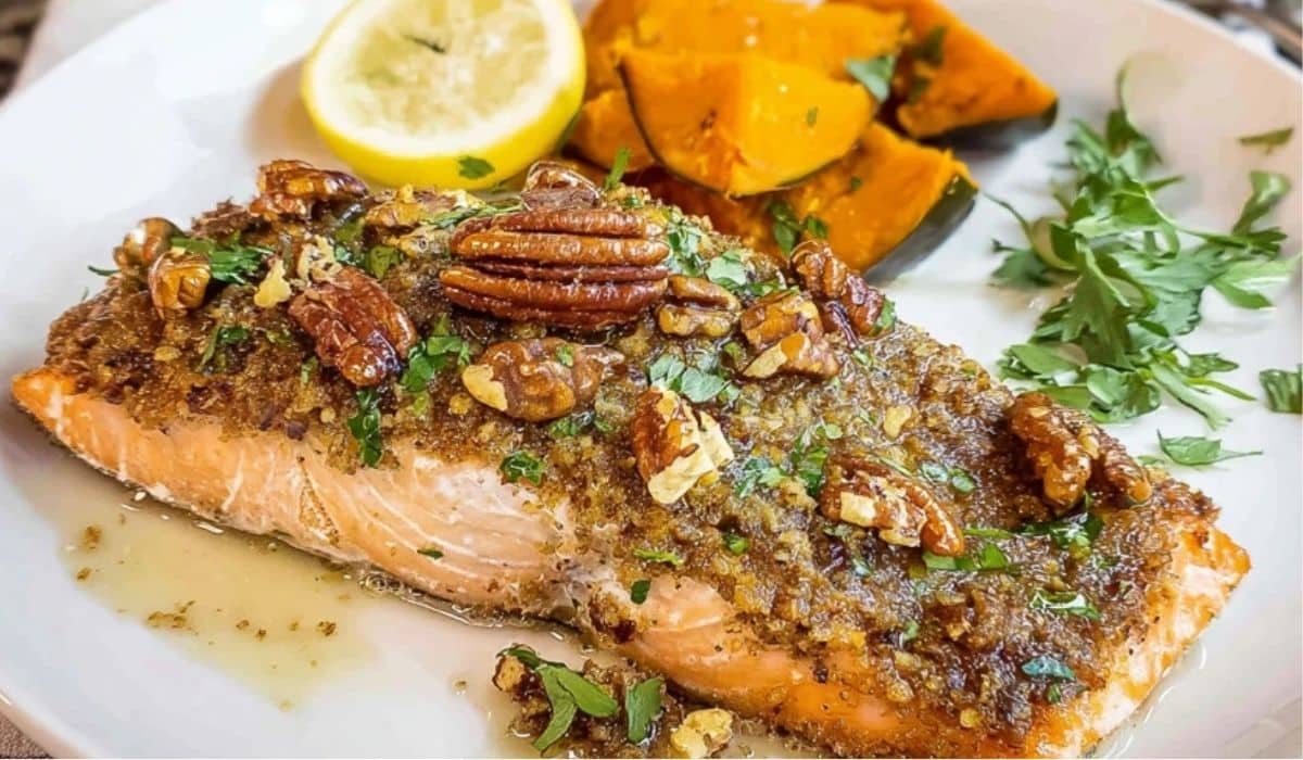 Honey Pecan Crusted Salmon with roasted sweet potatoes and fresh herbs