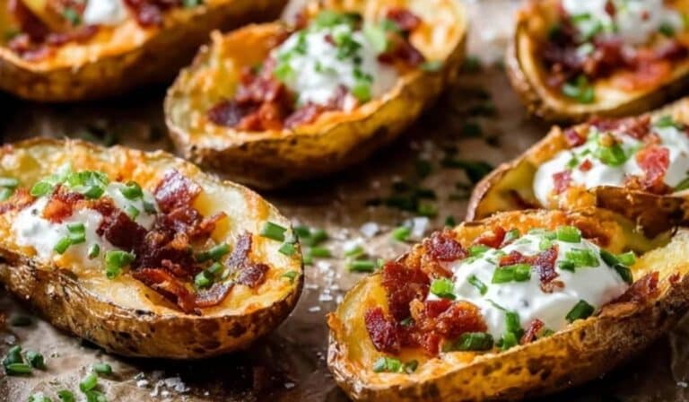 Loaded Potato Skins served with crispy bacon, sour cream, and chives