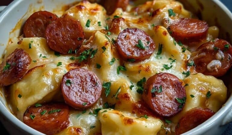 Pierogi Casserole with Kielbasa baked with golden cheese and kielbasa slices