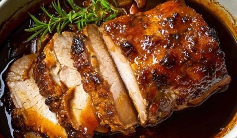 Juicy and tender slow cooker pork loin roast sliced, glazed with rich sauce and garnished with fresh herbs