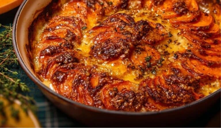 Sweet Potatoes Au Gratin baked in cast iron dish with golden cheese crust