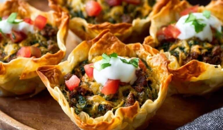 Taco Cups topped with sour cream and tomatoes on a wooden platter