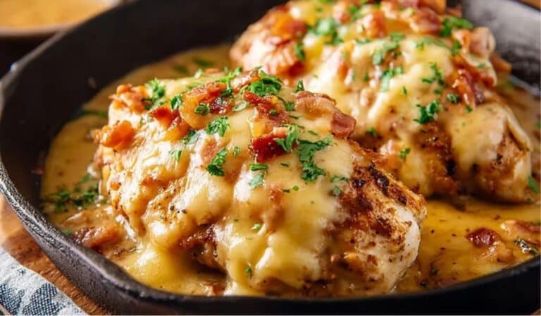 Texas Roadhouse Smothered Chicken with Jack Cheese served in a cast-iron skillet