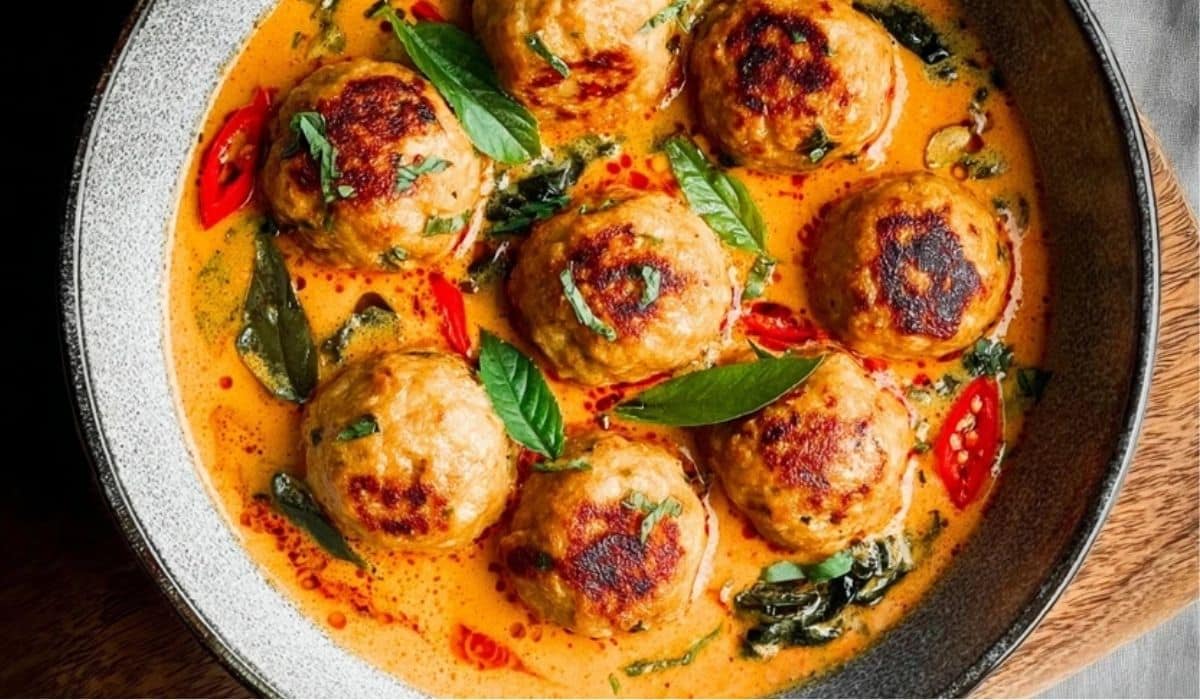 Featured Thai Turkey Meatballs in Coconut Curry in a creamy curry sauce with fresh herbs