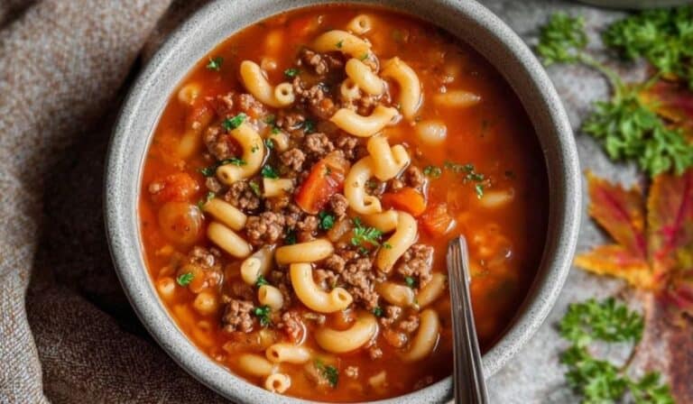 Hearty bowl of Hamburger Soup with Macaroni with beef, pasta, and vegetables