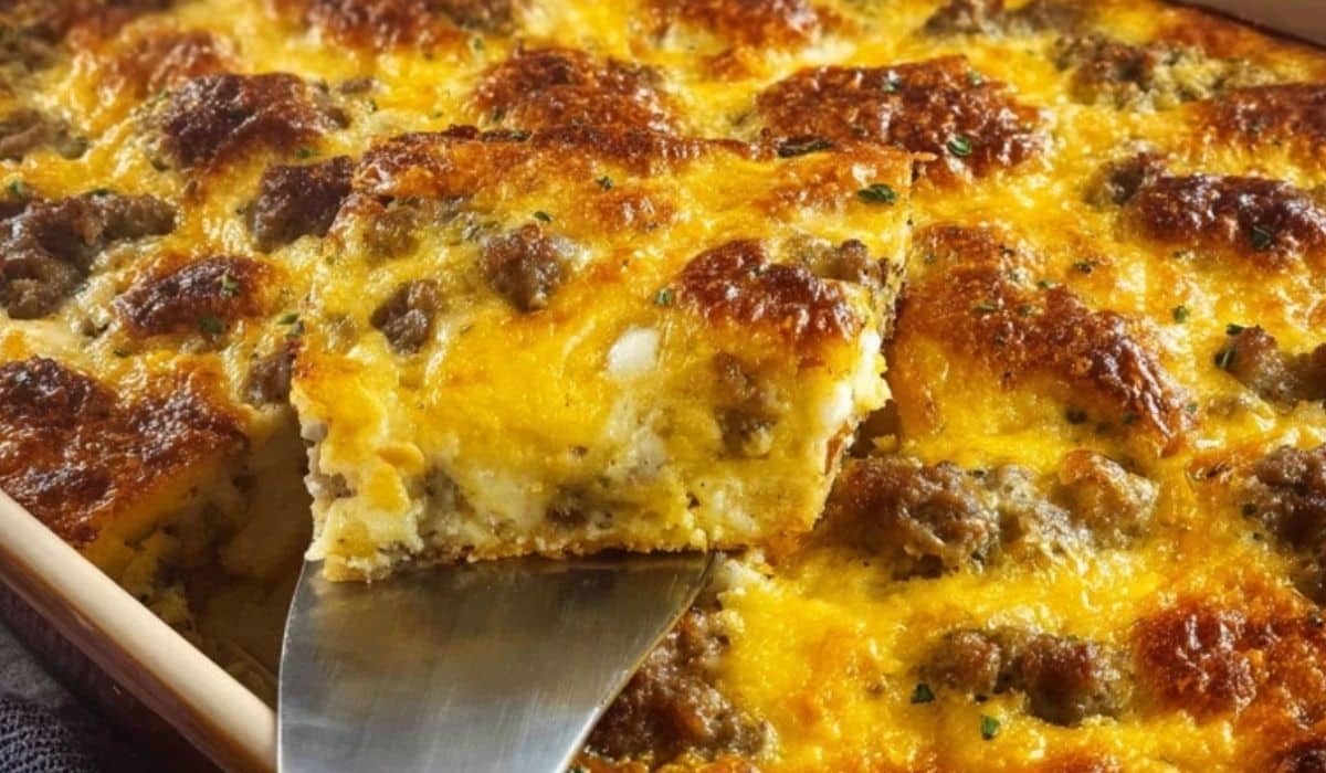 Hash Brown Sausage Casserole fresh from the oven with melted cheese and sausage