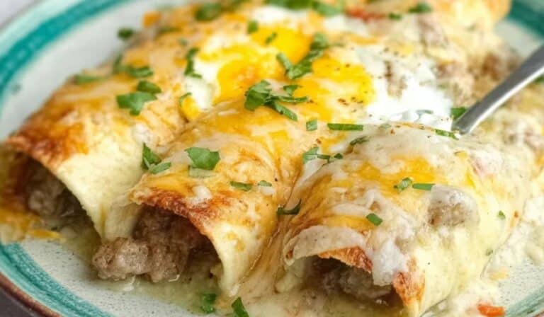 Instant Pot Breakfast Enchiladas with sausage, cheese, and fresh herbs