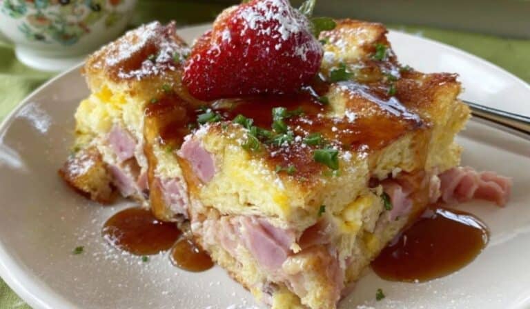 Monte Cristo Casserole slice topped with strawberry and syrup
