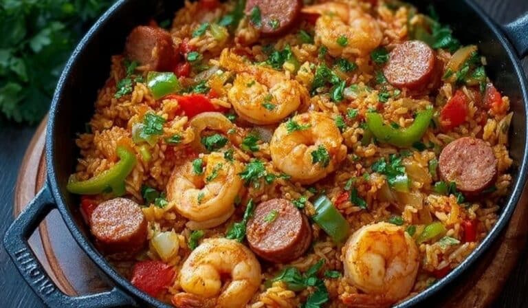 One Pot Shrimp and Sausage Jambalaya served in a black skillet