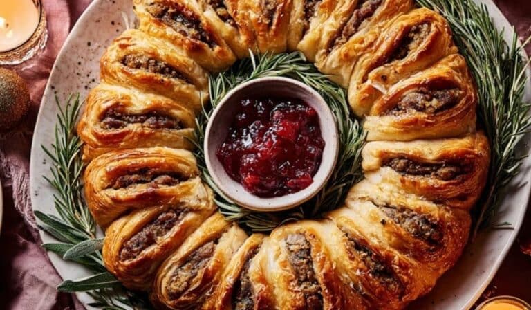 Golden flaky Sausage Roll Wreath with cranberry sauce in the center, perfect for holiday appetizers