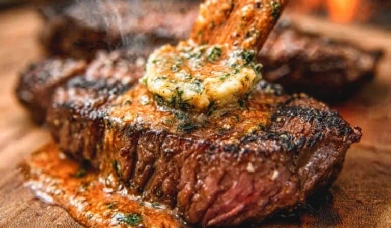 Sizzling Cowboy Butter Steak with melting herb butter on a seared ribeye