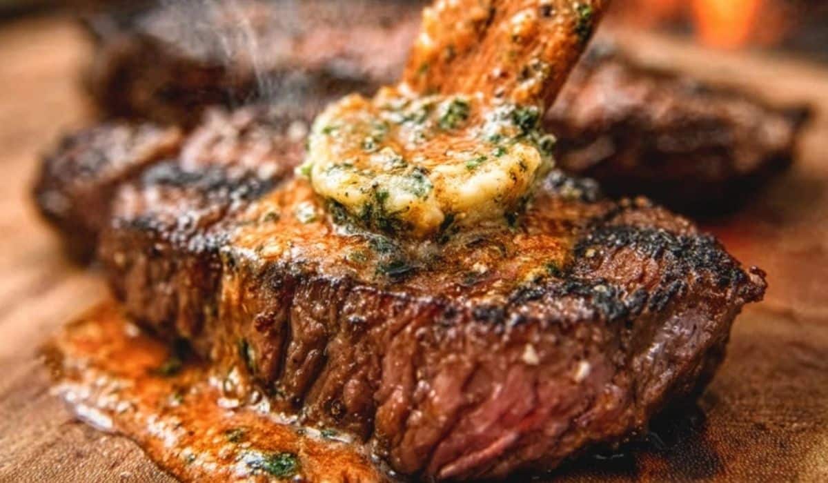 Sizzling Cowboy Butter Steak with melting herb butter on a seared ribeye