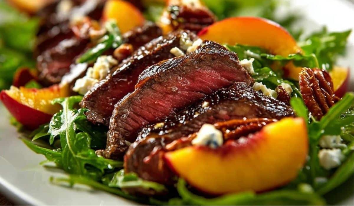 Steak and Peach Salad with grilled peaches and arugula on a white plate