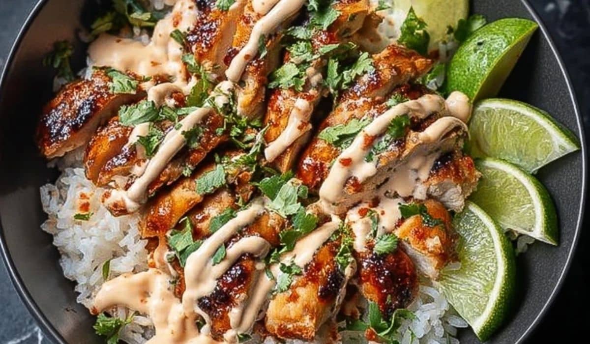 Sweet Chili Chicken Bowl with Coconut Lime Drizzle garnished with fresh herbs and lime wedges