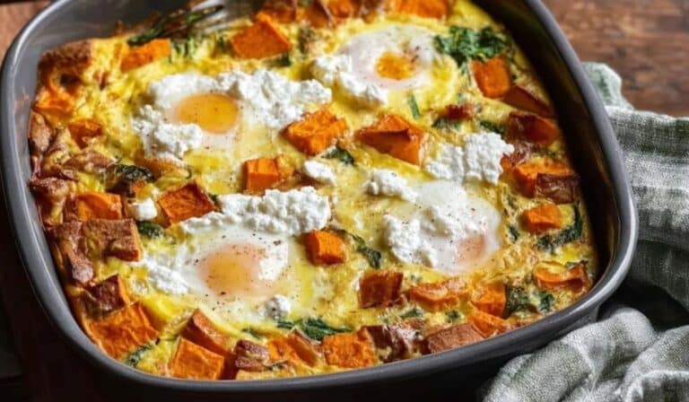 Sweet Potato Breakfast Casserole with eggs and roasted vegetables in baking dish