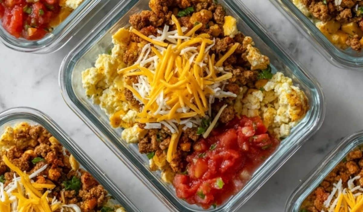 Tex Mex Turkey Scramble with eggs, ground turkey, salsa, and shredded cheese in glass meal prep containers